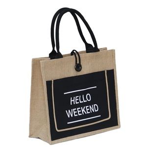 Hello weekend jute tote beach hand bag. Canvas front pocket.